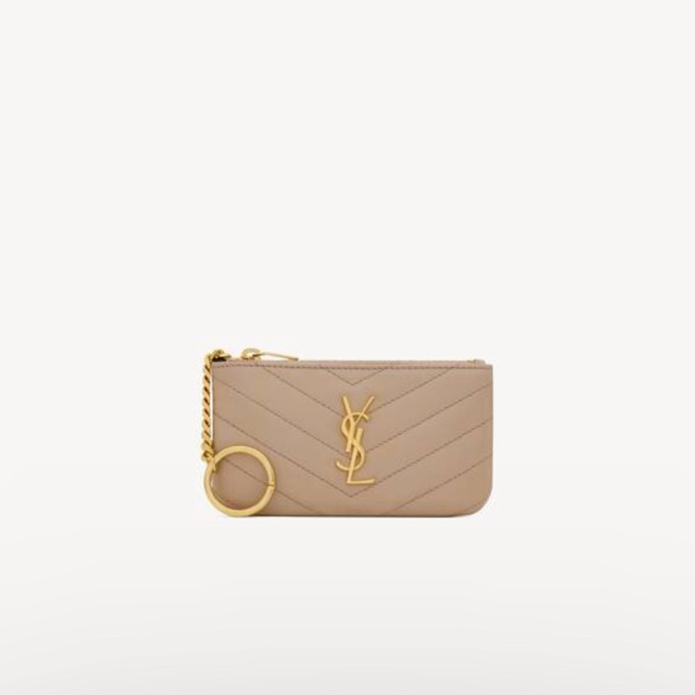 YSL CASSANDRE KEY POUCH GRAIN DE POUDRE IN BEIGE WITH GOLD HARDWARE